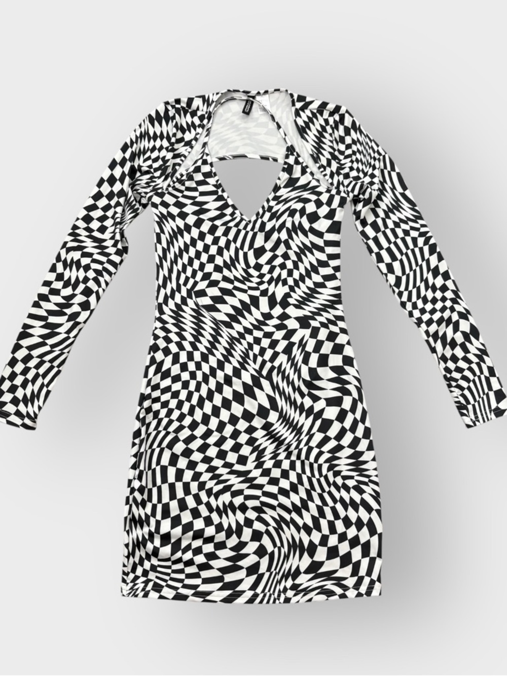 H&M divided White Black Checkered Distored Halter Long Sleeve Bodycon Dress